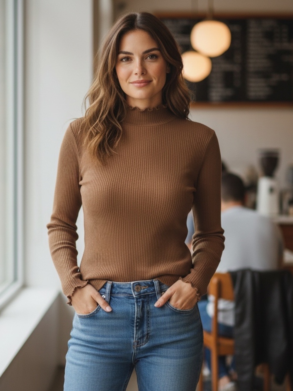 Ribbed Mock Neck Long Sleeve Tee - Brown
